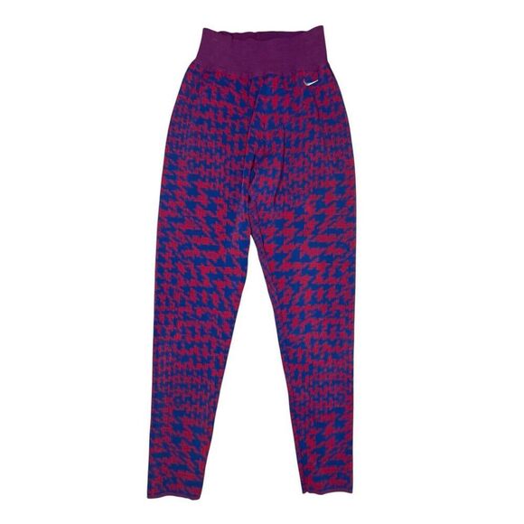 Nike Women’s Large Knit Leggings Burgundy Blue Houndstooth Tights Italy - Picture 1 of 5